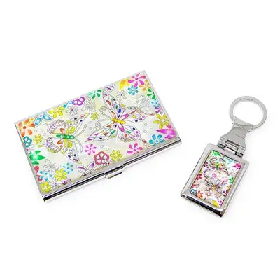 Premium Mother-of-Pearl Business Card Case and Keyring 2-Piece Set (025 - Flower Butterfly 1 White)