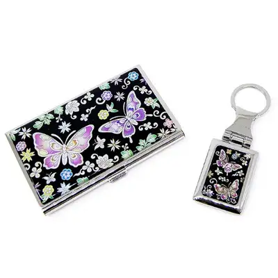 Premium Mother-of-Pearl Business Card Case and Keyring 2-Piece Set (026-Flower Butterfly2)