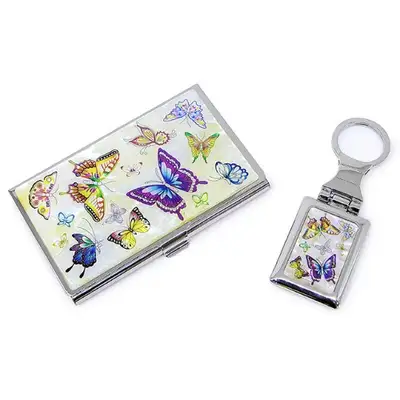Premium Mother-of-Pearl Business Card Case and Keyring 2-Piece Set (029-Butterfly White)