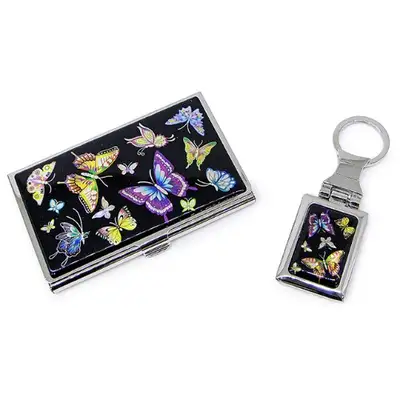 Premium Mother-of-Pearl Business Card Case and Keyring 2-Piece Set (029-Black Butterfly)