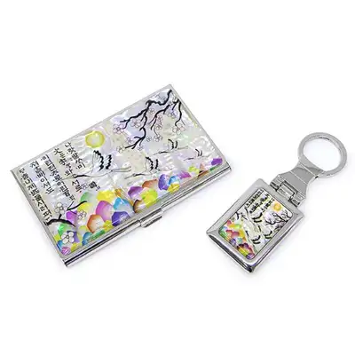 Premium Mother-of-Pearl Business Card Case and Keyring 2-Piece Set (034-Plum and Crane White)