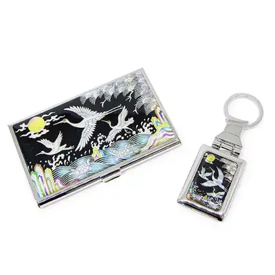 Premium Mother-of-Pearl Business Card Case and Keyring 2-Piece Set (035-Wave Crane)