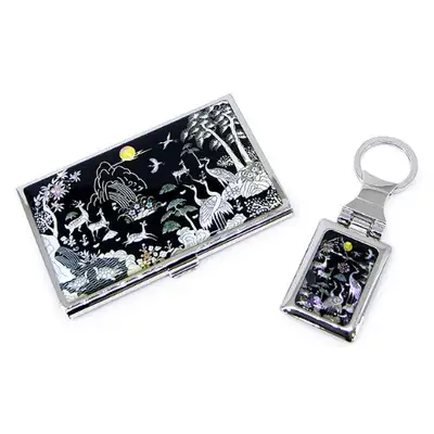 7-Premium Mother-of-Pearl Business Card Case and Keyring 2-Piece Set (037-Ten Symbols of Longevity)