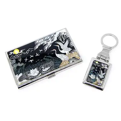 Premium Mother-of-Pearl Business Card Case & Keyring 2-Piece Set (041-Mandarin Duck and Cranes)