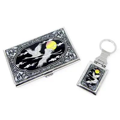 Premium Nacre Business Card Case and Keyring 2-Piece Set (039-Cloud and Crane)