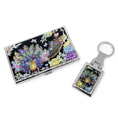 Premium Mother-of-Pearl Business Card Case & Keyring Set (055-Peacock)