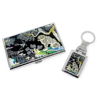 Premium Mother-of-Pearl Business Card Case & Keyring Set - Magpie and Tiger (058)
