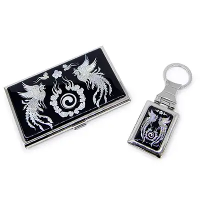 Premium Mother-of-Pearl Business Card Case and Keyring 2-Piece Set (072-Phoenix)