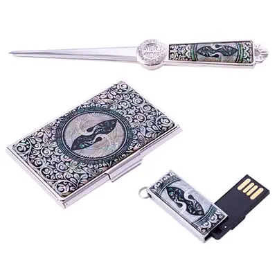 Mother-of-Pearl Business Set with Business Card Case + Card Holder + USB 8GB (01_Double Cranes)