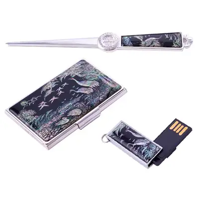 Mother-of-Pearl Business Card Case + Letter Opener + USB 8GB (06_Pine and Crane)