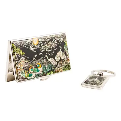 Natural Mother-of-Pearl Business Card Case & Keyring Set (Mandarin Ducks and Cranes)