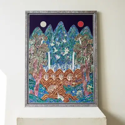 Premium Nacre Lacquerware Five Peaks with Sun and Moon Wall Frame - Large