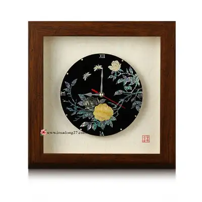 Premium Mother-of-Pearl Inlay Wooden Frame Round Clock (Large) - Peony