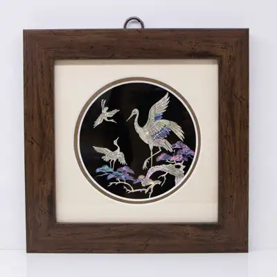 Premium Mother-of-Pearl Lacquerware Wall-Mounted Shell Inlay Frame Mini Frame One Panel Frame - Crane and Pine (Small)