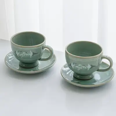 Celadon Cloud and Crane Coffee Cup Set for Two by Kim Young-soo Doseong