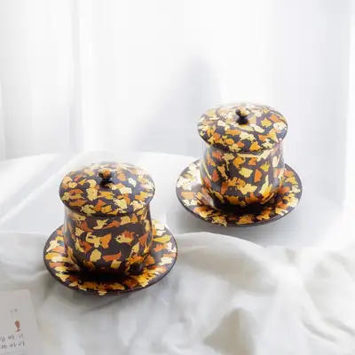 Premium Domestic Lacquer Gold-Inlay Traditional Tea Cup Set for Two