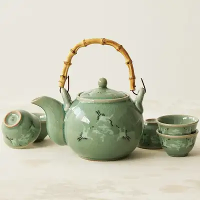 Celadon Cloud and Crane Teapot with Bamboo Handle and 5-Cup Set