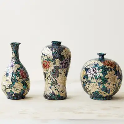 Premium Lacquerware with Mother-of-Pearl Blue Ceramic Vessels - Ewer, Vase, and Jar (Peony Pattern) by Park In-ho