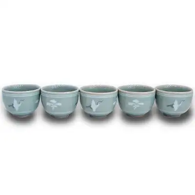 Inlaid Cloud and Crane Tea and Soju Cup Set, 5-piece Large Cups