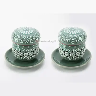 Celadon Double-Pierced Chrysanthemum Tea Cup Set - Kim Young-soo (2ps)