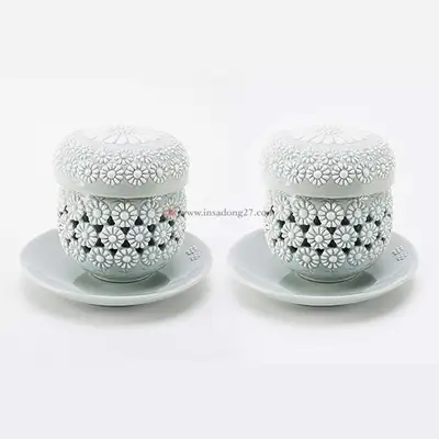White Porcelain Double Openwork Chrysanthemum Pattern Tea Cup Set by Kim Young-soo (2pcs)