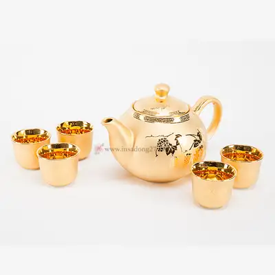 24K Gold Plated Teapot and Teacup/Soju Cup 5-Piece Set
