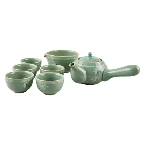 青瓷雲鶴紋5人茶具組 — 2