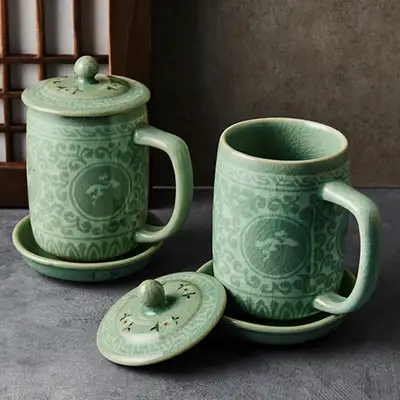 Celadon Traditional Cloud Crane Tea Cup Set (2pc)