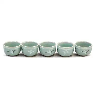 Inlaid Clouds and Cranes Tea and Soju Cup Set, 5 Pieces