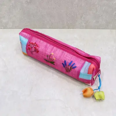 Ramie Embroidered Pencil Case - Random Color