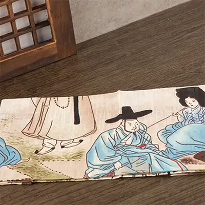 Folk Painting Handkerchief - Blue Gold Auspicious Lotus