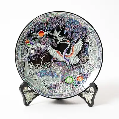 Mother-of-Pearl Lacquerware Pine and Crane Decorative Tray Black 18cm