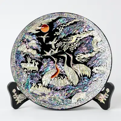 Inlaid Mother-of-Pearl Lacquerware Ten Symbols of Longevity Decorative Tray (24cm, Black) - Artwork by Kim Gil-su