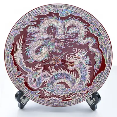 Inlaid Mother-of-Pearl Lacquerware Ten Longevity Symbols Decorative Abalone Tray with Dragon Pattern 25cm - Kim Gil-su