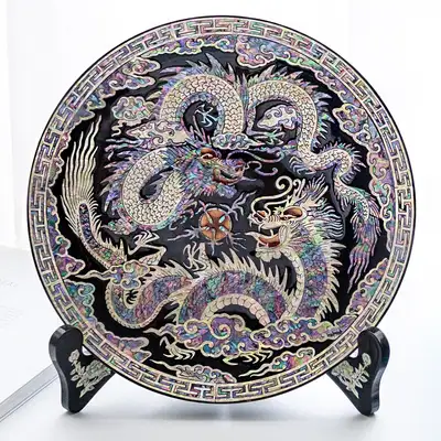 Najonchilgi Ten Symbols of Longevity Decorative Mother-of-Pearl Tray with Dragon Motif 25cm by Kim Gil-su