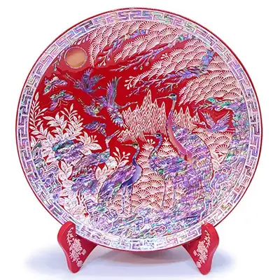 Moon, Pine, and Crane Mother-of-Pearl Tray (Red)