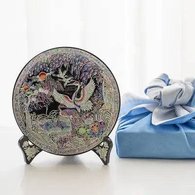 Ten Symbols of Longevity Round Tray Black 18cm
