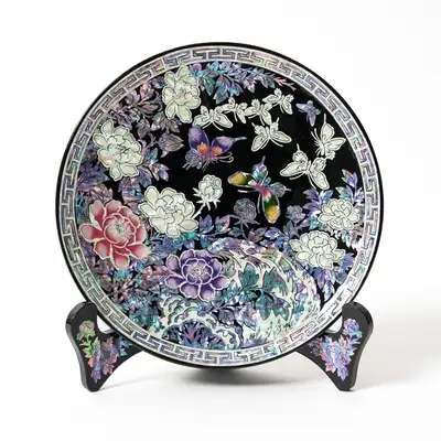 Mother-of-Pearl Lacquerware Peony Decorative Abalone Tray Black 18cm