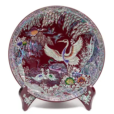 Ten Symbols of Longevity Round Tray Red Small
