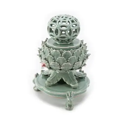 Celadon Openwork Cloisonné Pattern Lidded Incense Burner by Goam (Small)