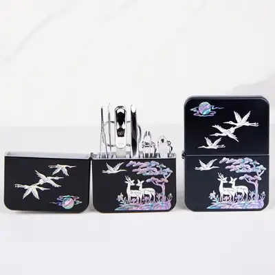 Mother-of-Pearl Three-Seven 777 Nail Clipper Set - Deer and Crane with Pine Design - Premium Gift Traditional Korean Souvenir with Engraving Option
