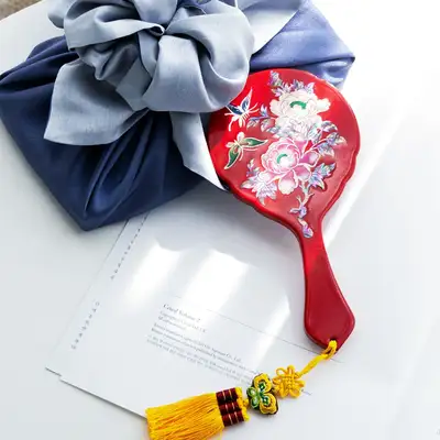 Mother-of-Pearl Inlay Hand Mirror with Handle - Peony Design (Red, Black)