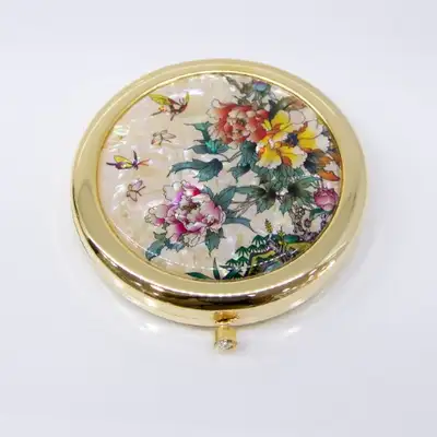 Premium Mother-of-Pearl One-Touch Compact Mirror (White Peony)
