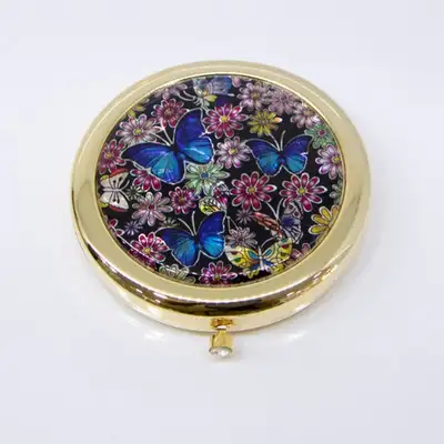 Premium Mother-of-Pearl One-Touch Compact Mirror (Blue Butterfly)