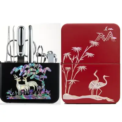 Premium Mother-of-Pearl Nail Clipper Set (Double Cranes, Red)