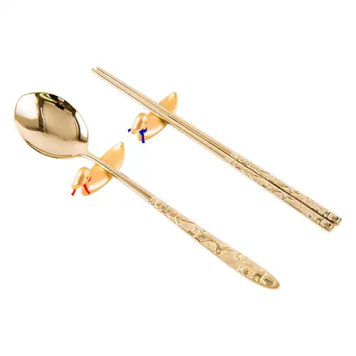 不锈钢镀金餐具套装(十长生，2件装) — 1