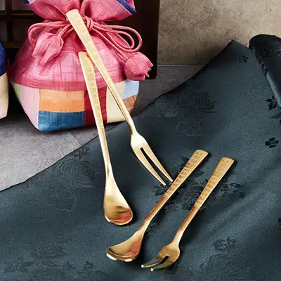 Hunminjeongeum Teaspoon & Fork Set (Gold, Stainless Steel, 10pcs)