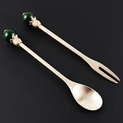 Brass Teaspoon and Fork Set - Green Jade Crystal