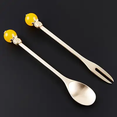 Brass Teaspoon Fork Set - Citrine (Yellow Crystal)
