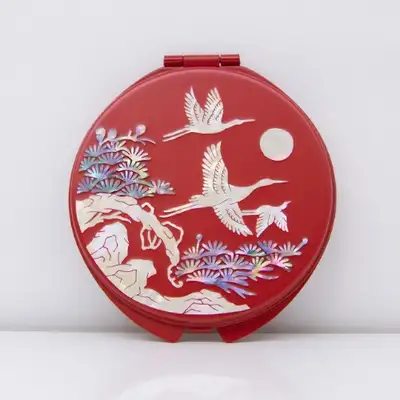 Premium Mother-of-Pearl Inlay Hand Mirror (Pine and Crane, Red)